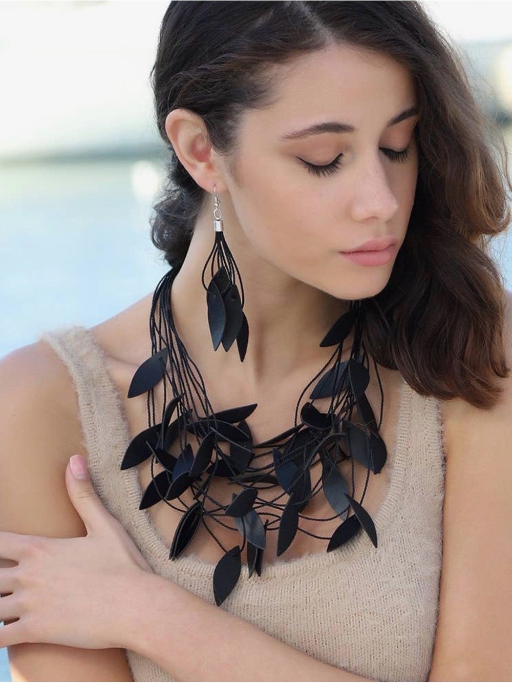Women’s Handmade Leather Leaf Statement Necklace Set
